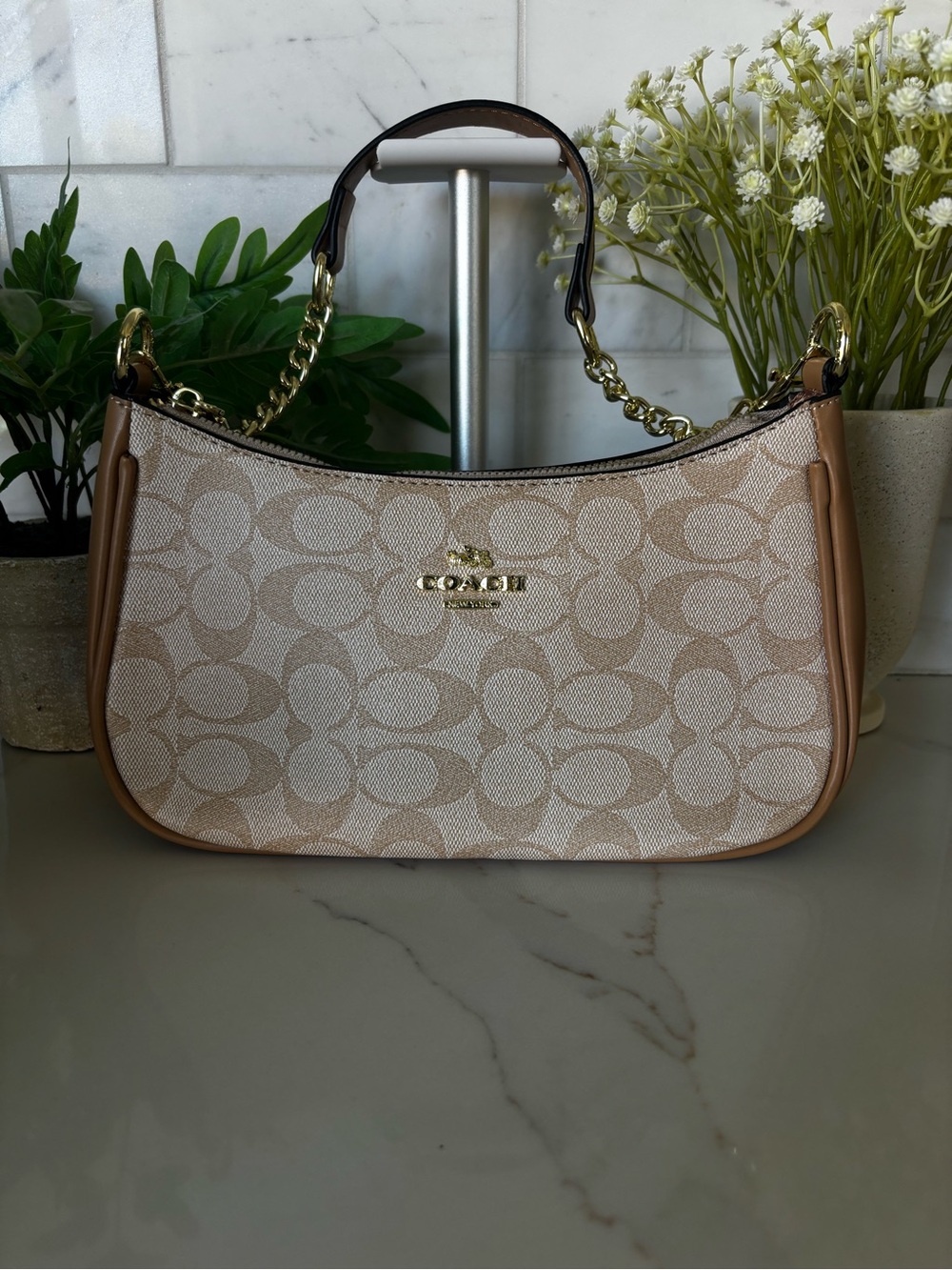 Coach Small Shoulder Bag in Beige and Tan with Gold Hardware